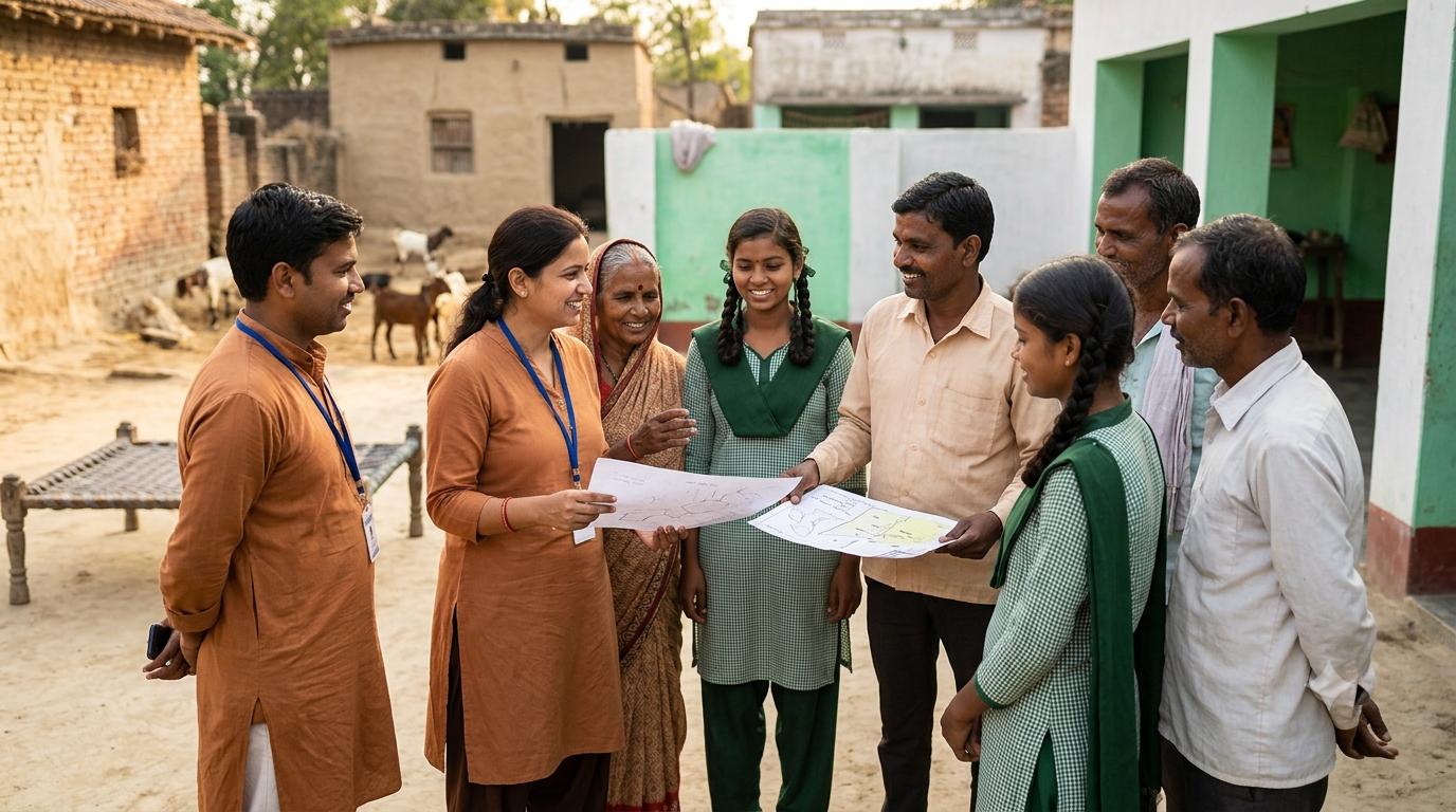 Facilitators with a village family