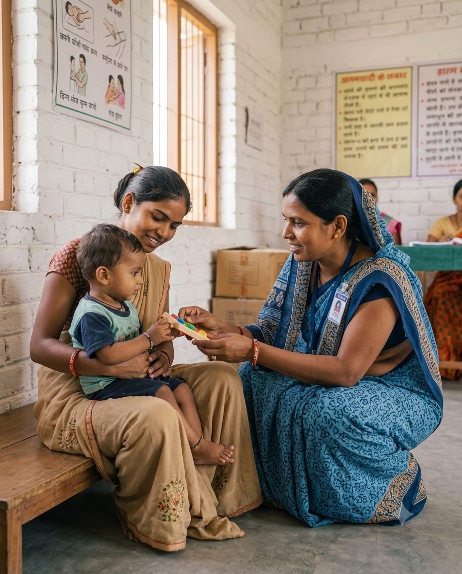 A frontline worker with a mother and child