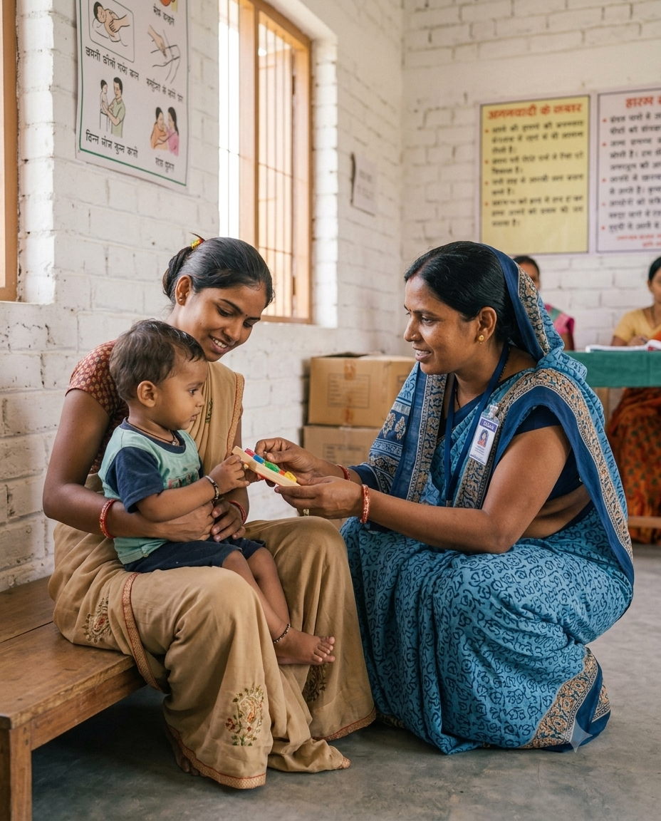 A frontline worker with a mother and child