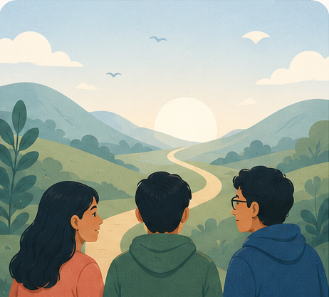 Illustration: young people looking toward a bright path