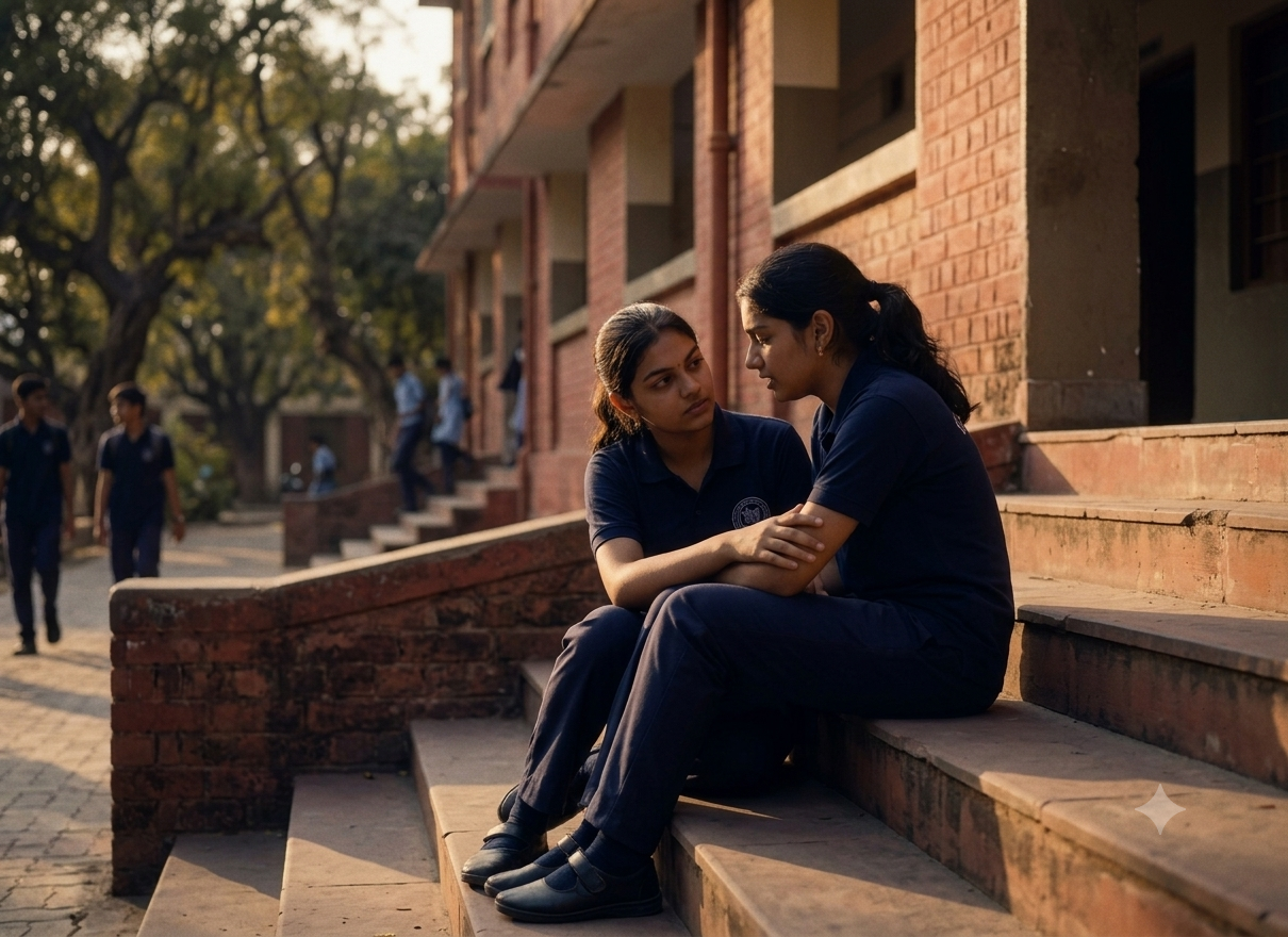 Two students talking on school steps