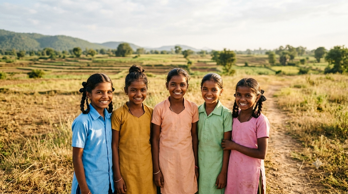 Smiling schoolgirls in a field