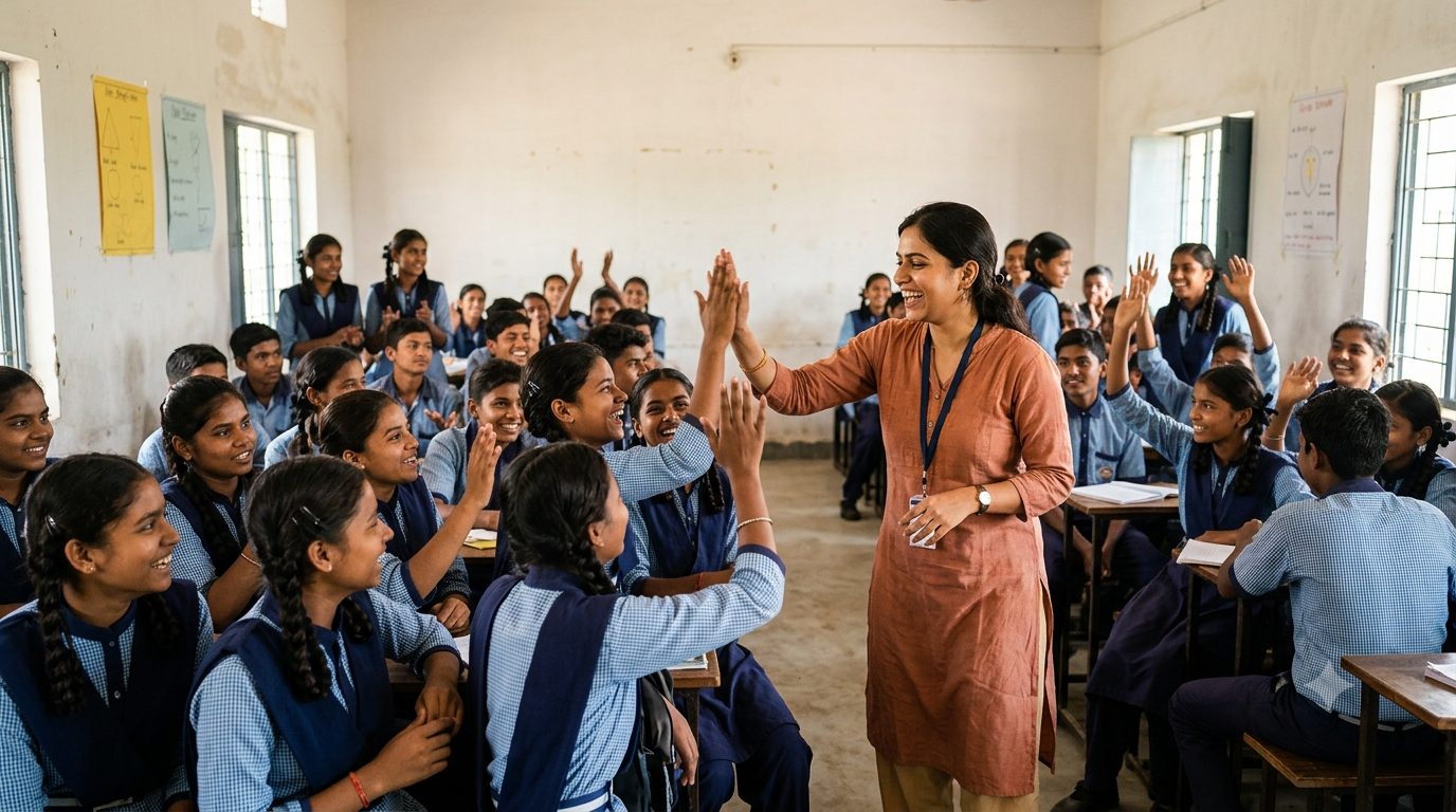 A teacher celebrating with students