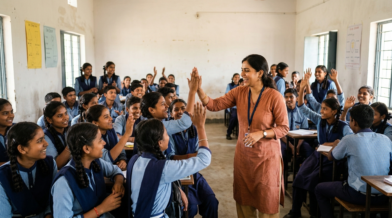 A teacher celebrating with students
