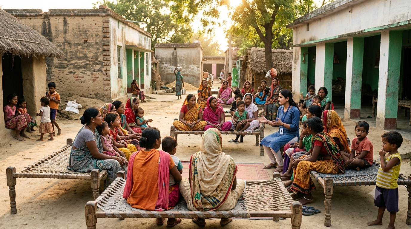 A community gathering in a village courtyard