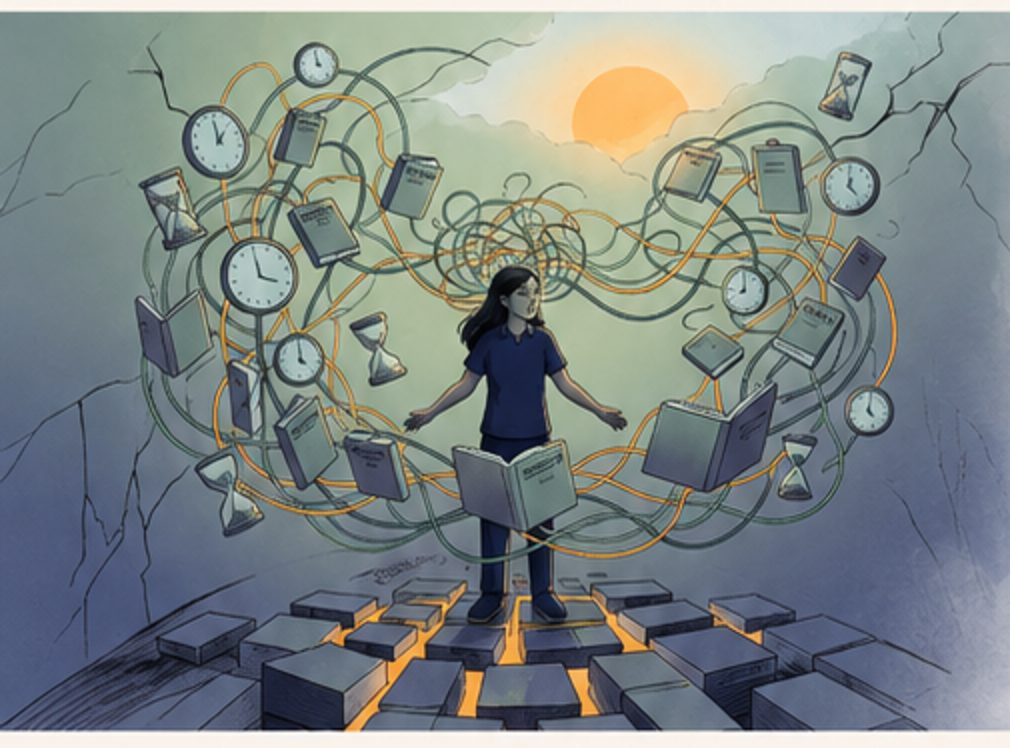 A student surrounded by a tangle of clocks, books and screens