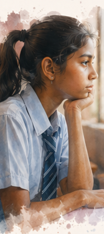 A schoolgirl resting her chin on her hand, looking out of a classroom window