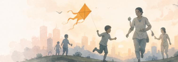 Children running with kites at sunset