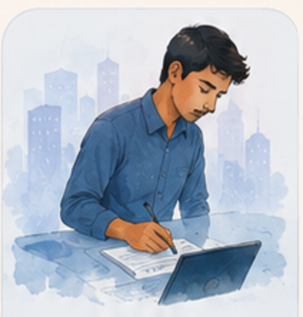 A young man working at a laptop